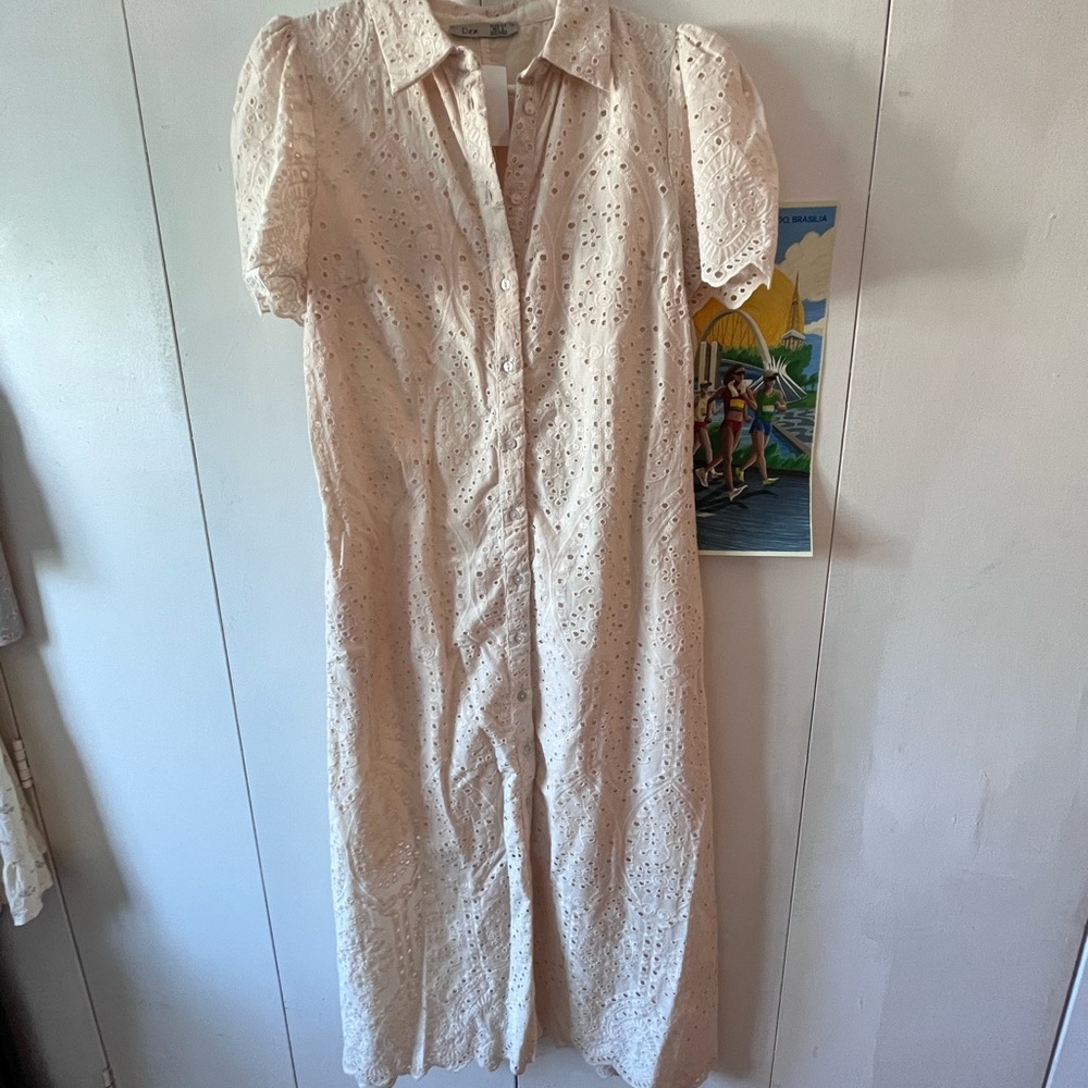 Dex Cream Eyelet Button-Front Maxi Dress